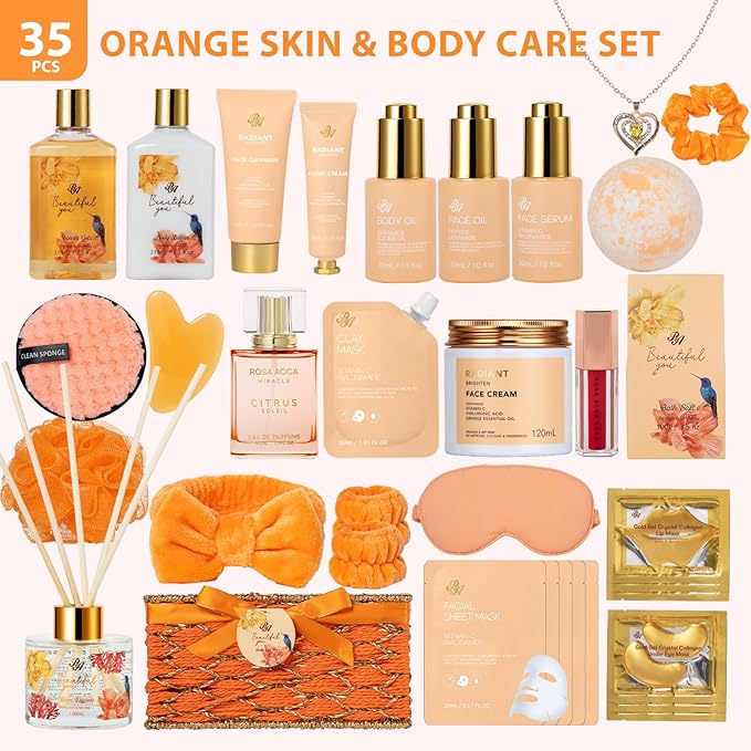35 Pcs Mothers Day Gift for Women, Bergamot & Rose Bath & Body Gift Basket Set for Women, Face Skin Care Set, Self Care Set, Home Spa Basket, Christmas, Birthday, Valentine, Anniversary, Wife, Mom