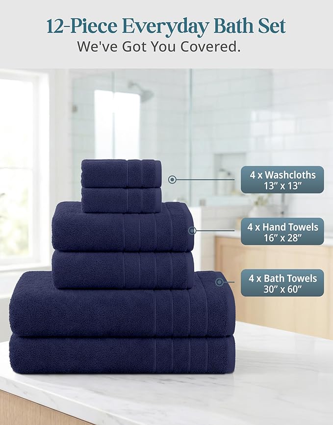 Casa Platino Luxury Cotton Bath Towel Set - 12 PCs - Low Twist, Soft & High Absorbency - 4 Bath, 4 Wash Cloth, 4 Hand Towels - Classic Hotel Quality, Durable & Ideal for Modern Bathrooms - Navy Blue
