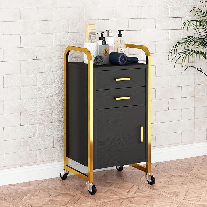 4ever2buy Black and Gold Salon Trolley Cart with Wheels, Salon Cart with Drawers and Cabinet, Rolling Cart for Hair Stylist, Professional Salon Stations Organizer