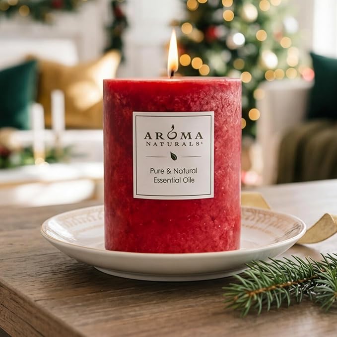Aroma Naturals Holiday Orange, Clove and Cinnamon Essential Oil Scented Pillar Candle, Warm Spice, 3 inch x 3.5 inch