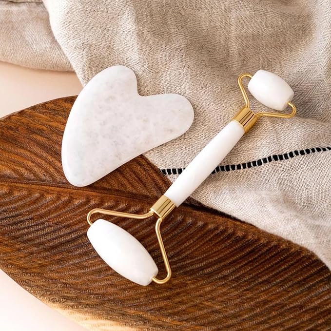 ROSELYNBOUTIQUE Gua Sha Facial Tools & Face Roller Original Face Massager for Puffiness Wrinkless Skin Care Routine - Self Care Gift for Men Women (White Jade)