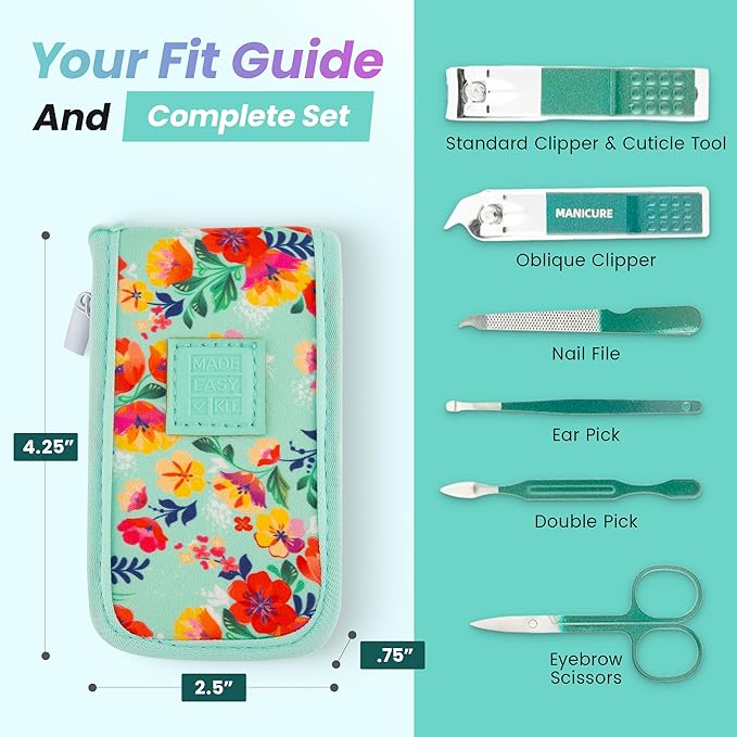 Made Easy Kit Nail Clipper Set – 7-Piece Portable Manicure & Grooming Kit Stainless Steel Tools in Neoprene Case – Stay Organized, Purse-Friendly, Travel Essential for Women & Men (Camo)