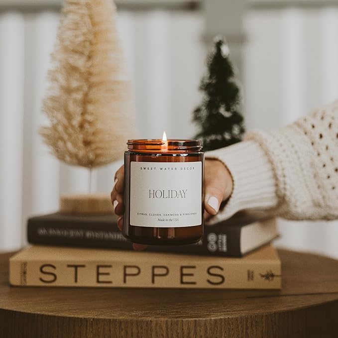 Sweet Water Decor Holiday Candle | Cloves, Pine, and Sandalwood Festive Christmas Scented Soy Candles for Home | 9oz Amber Jar, 40 Hour Burn Time, Made in The USA