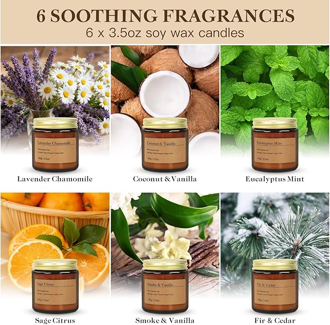 6-Pack Scented Candles for Home, 3.5 Oz Soy Wax Candles Gift Set with Lavender Chamomile & Eucalyptus Mint for Brithday Gifts Women, Mothers Day