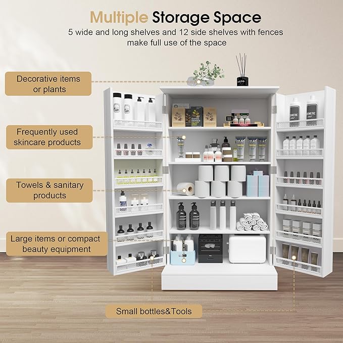 BarberPub Storage Cabinet, Multi-Functional Beauty Salon Organizer with Hinged Door, Adjustable Shelves, for Spa, 15"(L) x 15"(W) x 38.4"(H) 2024 (White)