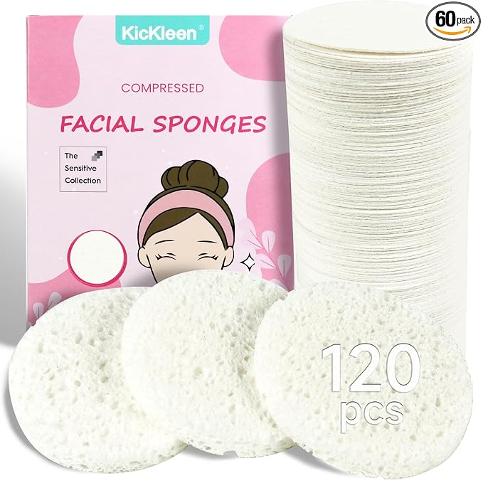 120-Count Compressed Facial Sponges|Kickleen100% Natural Cellulose Cosmetic Spa Sponges for Daily Facial Cleansing|Makeup And Mask Removal|Exfoliating|Skin Massage|Pore Exfoliation (120 Count (White))
