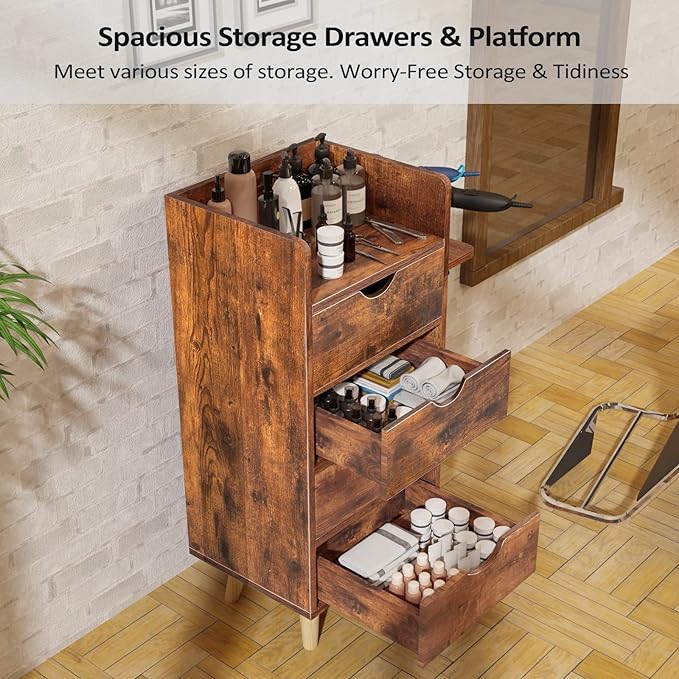 OmySalon 4 -Layer Salon Station Storage Cabinet, Beauty Barber Styling Stations, Hair Stylist Station Equipment with 2 Hair Dryer Holders, 4 Drawers and Raised Table Legs, Rustic Brown
