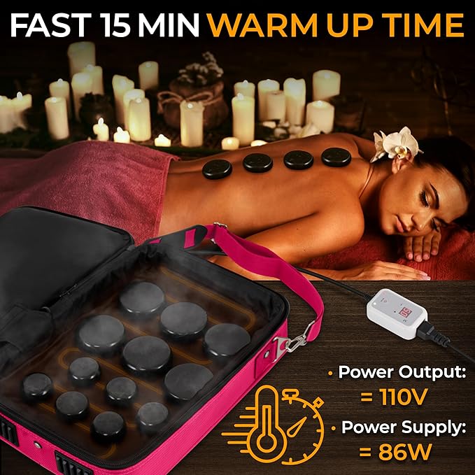 SereneLife Portable Massage Stone Warmer Set - Electric Spa Hot Stones Massager and Heater Kit with 6 Large and 6 Small Round Shaped Basalt Massaging Rocks, Digital Controller Heating Bag, Pink
