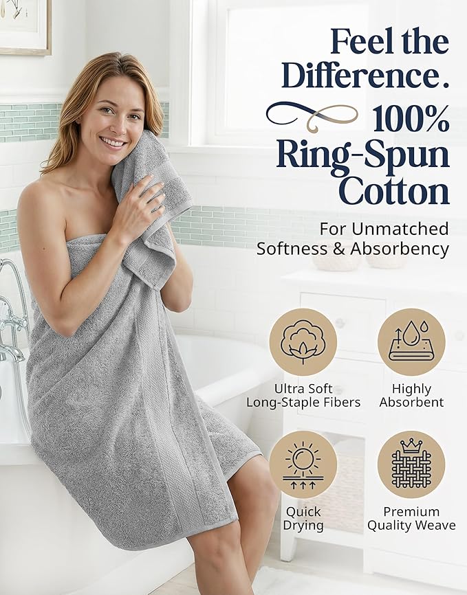 LANE LINEN 100% Cotton Turkish Towel Set for Bathroom - 6 Piece - Super Soft, Quick Dry & Highly Absorbent - 2 Bath, 2 Wash cloths, 2 Hand Towels - Hotel Quality, Durable & OEKO-TEX Certified - Grey