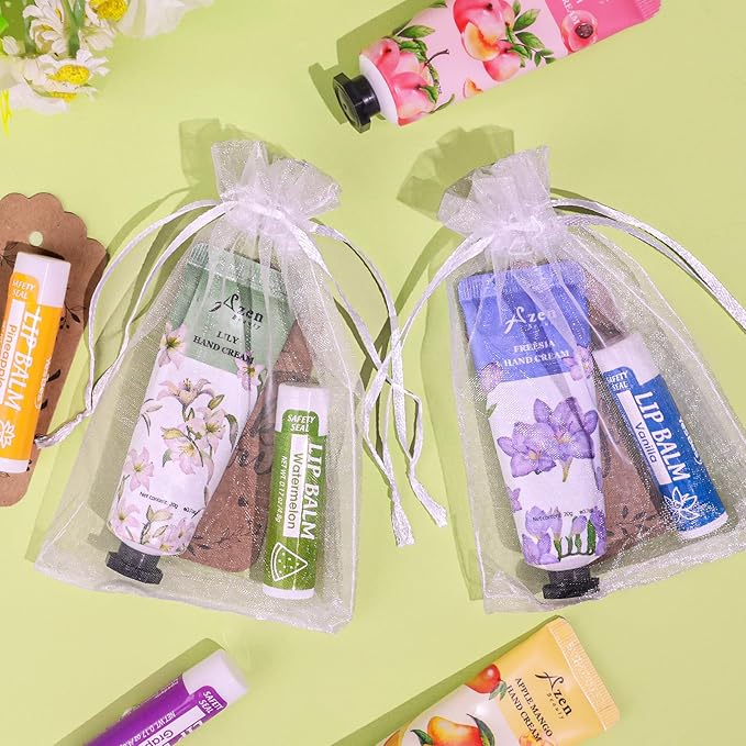 AZEN 64 Sets Bulk Gifts, Hand Cream and Lip Balm Bulk Set with Organza Bag Thank You Card, Baby Shower Wedding Gift for Guests, Bridal Wedding Favors for Guests, Mothers Day Gifts Stocking Stuffers