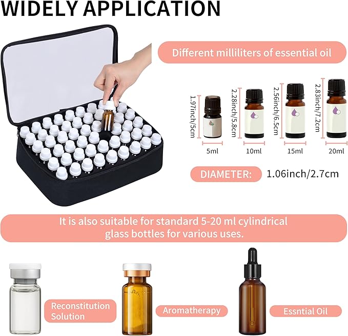 Essential Oils Carrying Case Holds 54 Grids for 1-3ML Roller Bottles 5ml, 10ml, 15ml Bottles Storage Organizer Bag Transparent, Essential Oil Bag with Detachable Pad Black