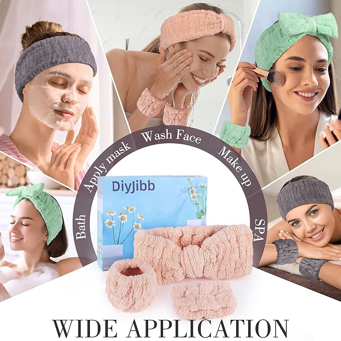 DiyJibb 9 Pcs Spa Headband for Washing Face,Skincare Headband and Wristband Set,Women Teen Girls Facial Hairbands for Washing Face, Makeup, Sports, Yoga (orange-pink + green + dark grey)