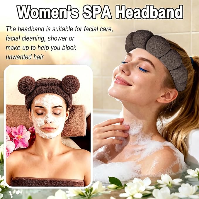 Zkptops 6Pcs Spa Headband for Washing Face Wristband Set Sponge Makeup Skincare Terry Cloth Headband Bubble Soft Bear Ears Hairband Women Puffy Padded Headwear Non Slip Hair Accessory(Dark Brown)