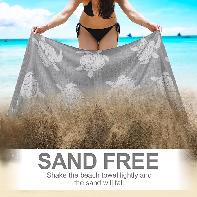 Genovega Oversized Cotton Turkish Beach Towels 72"x36" Lightweight Quick Dry Sandless Pool Swim Towel Large No Sand Compact Blanket Adult Travel Essentials Cruise Accessories Must Haves Grey Turtle