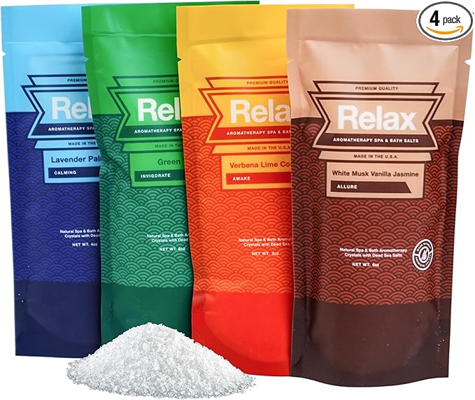 Relax Spa & Bath Aromatherapy Variety Pack Bath Salts for Hot Tub, Bath, or Spa, Four 4oz Bags Infused with Magnesium, Bath Salt for Soaking, Escape Line Scent