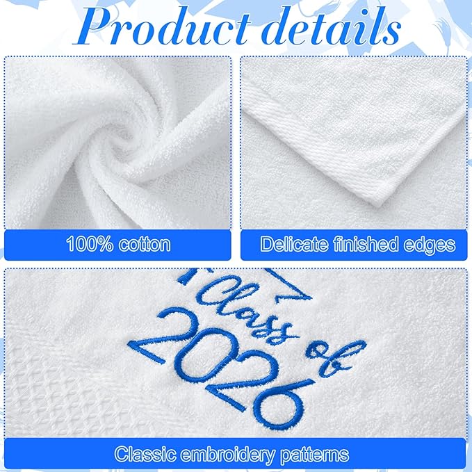 MASHAN Class of 2026 Graduation Hand Towels 3 Pack,100% Cotton Soft Absorbent Bathroom Towels,Senior 2026 Graduation Gift for Girls Boys,Blue Decorative Towels 14x30 Inch