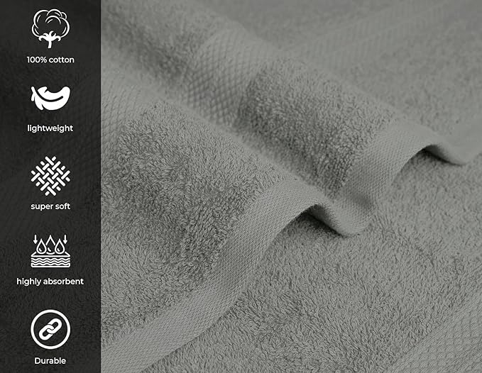 Avalon Towels Bath Towels for Bathroom 100% Cotton Silver Bathroom Towels Pack of 12 (24x48 inches) - Quick Drying Bath Towels Set Small, Light Weight & Absorbent Perfect Gym & Pool Towel Set