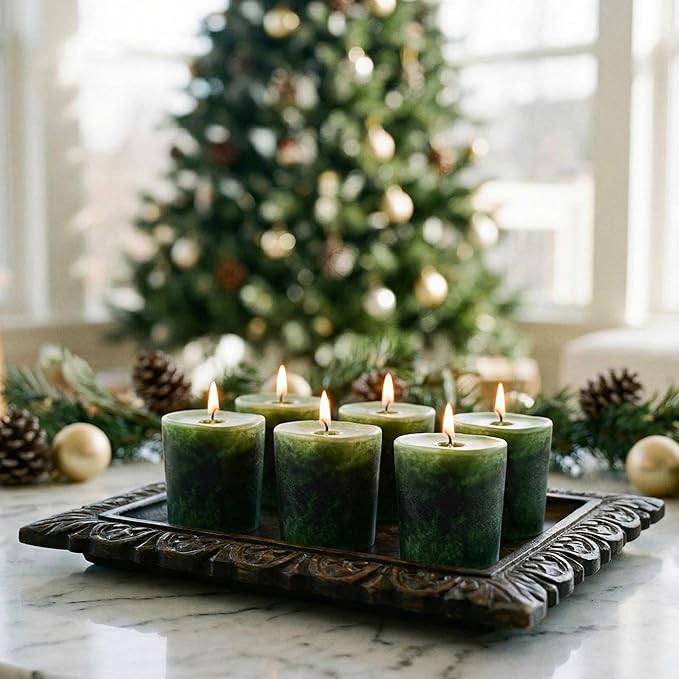Aroma Naturals Votive Candles Essential Oil with Juniper Spruce and Basil, Evergreen Holiday, 6 Count