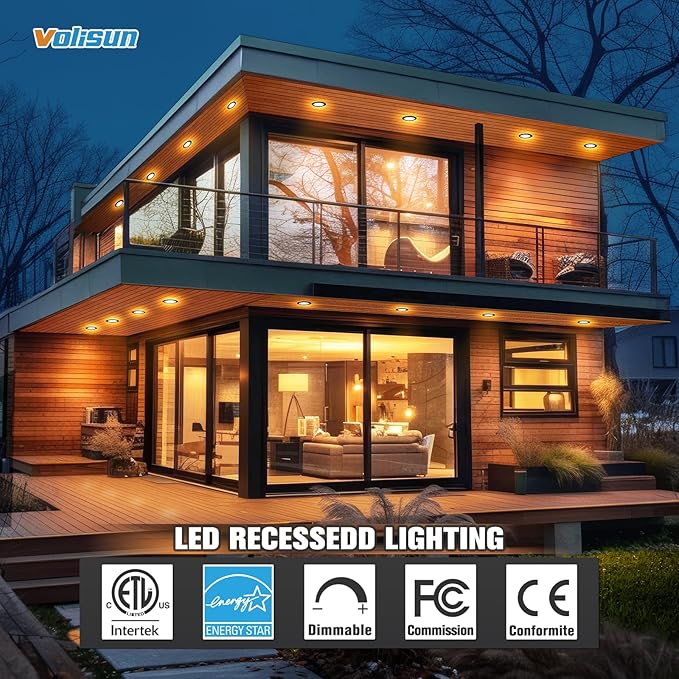 VOLISUN 12 Pack 6 Inch Black Recessed Light with Night Light, Canless LED Recessed Lighting 6 inch, 2700K-5000K Selectable, 12W=130W,1080LM Soffit Lighting Outdoor Recessed Light, ETL Certificated