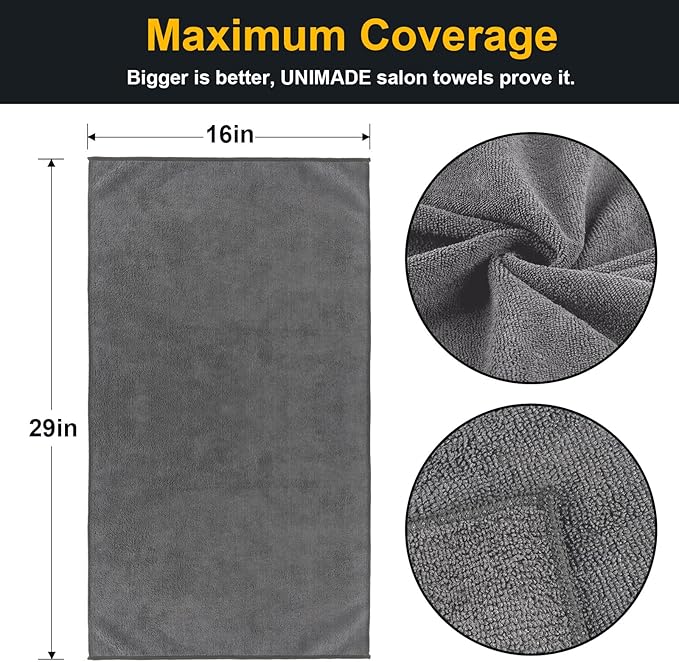 UNIMADE Salon Towels 2 Pack, Super Soft Microfiber Gym Towels, Highly Absorbent Hair-Drying Cloth for Gym, Bath, Spa Use and Home Beauty Care - Grey (16x29 inch)