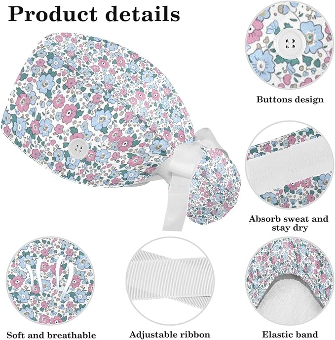 Scrub Caps Women Nursing Hats Floral Flowers with Buttons Ponytail Working Adjustable Pouch Tie Back