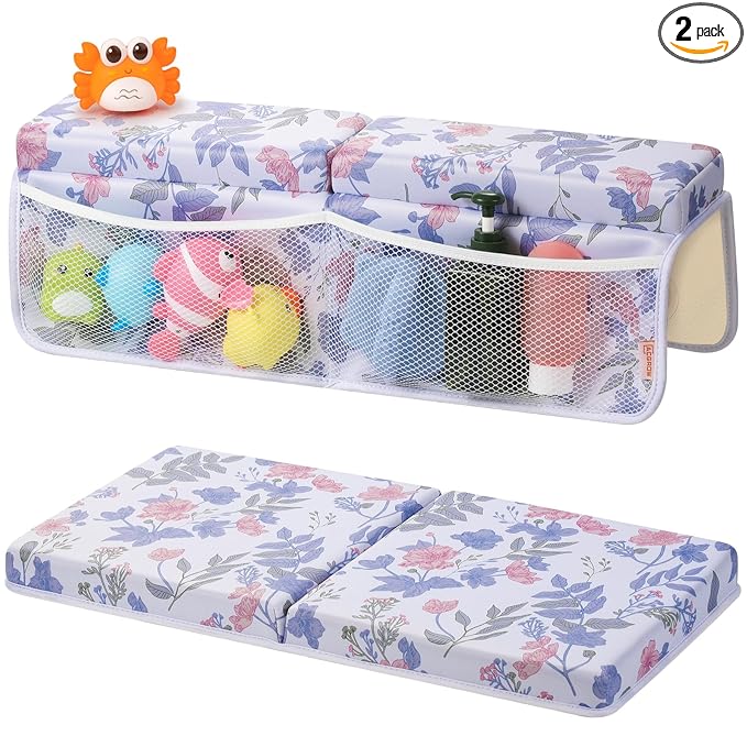 Bath Kneeler and Elbow Rest Pad Set - Comfortable 1.5” Thick Baby Bath Kneeler Pads with Toys Organizer, Non-Slip Knee Arm Support Bathtub Mat, Quick-Drying Kneeling Pad for Baby Bath Time