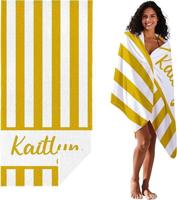 JML Personalized Beach Towel with Name, Custom Cabana Stripe Beach Towel, Customized Microfiber Pool Towel, Quick Dry & Absorbent Swim Towel for Adult,Anniversary, Birthday, Summer Holiday,Vacation