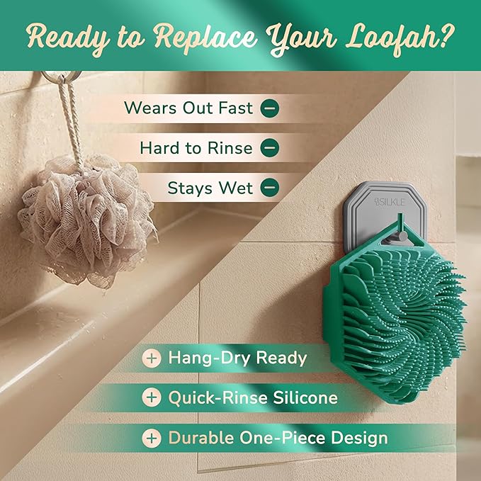 SILKLE Silicone Body Scrubber – Gentle Exfoliating Shower Scrubber for Body & Bath, Silicone Shower Brush & Loofah Alternative – Non-Slip Silicone Body Brush, Quick Dry, Hygienic - Green