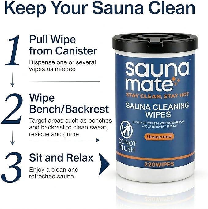 Sauna Cleaning Wipes, 220 Count, Unscented Disposable Sauna Wipes, Cleans Sweat, Oil & Grime Between Uses, For Sauna Benches & Backrests, Home, Gym & Commercial Use