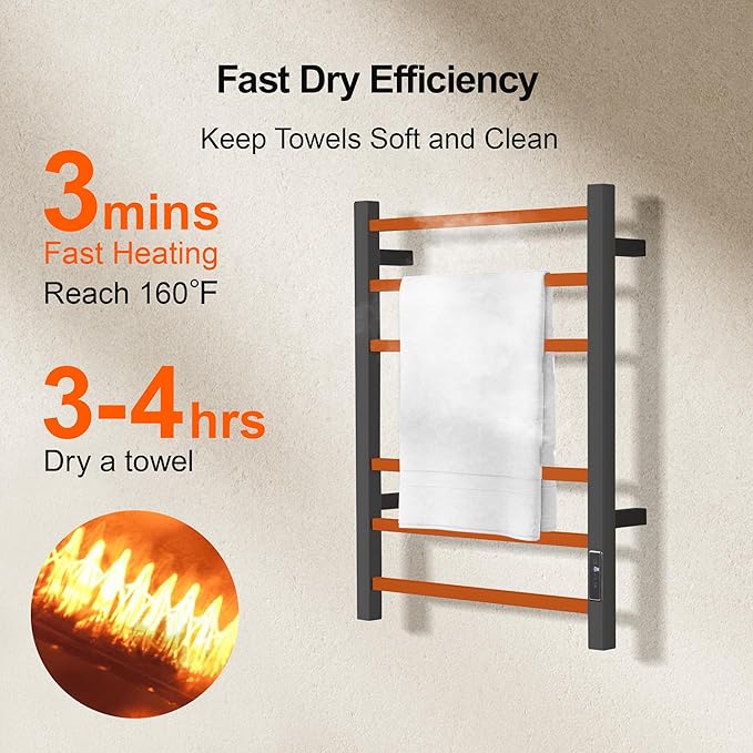 Electric Heated Towel Warmer - Wall Mounted Bathroom Towel Rack, Plug-in Design & Brushed Stainless Steel Finish Black Timer & Temperature Control, 6 Bar