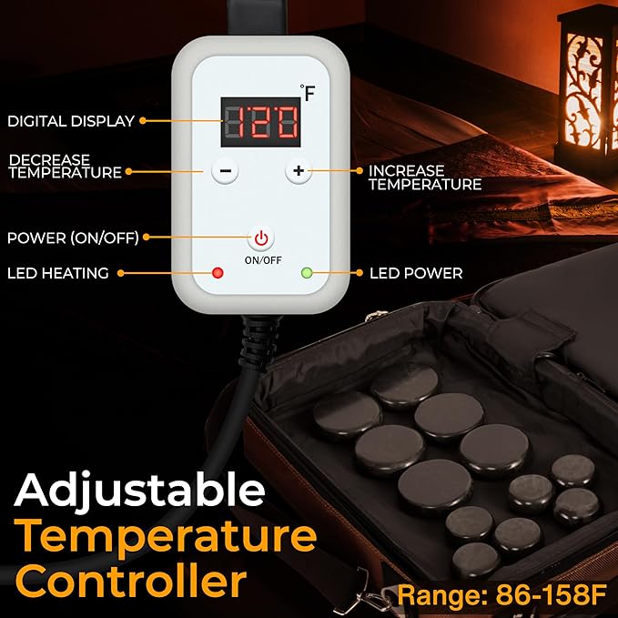 SereneLife Portable Massage Stone Warmer Set - Electric Spa Hot Stones Massager and Heater Kit with 6 Large and 6 Small Round Shaped Basalt Massaging Rocks, Digital Controller Heating Bag