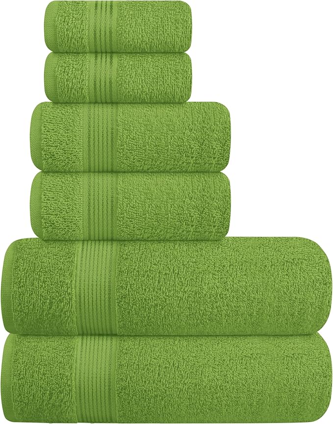 Elvana Home Ultra Soft 6 Pack Cotton Towel Set, Contains 2 Bath Towels 28x55 inch, 2 Hand Towels 16x24 inch & 2 Wash Coths 12x12 inch, Ideal for Everyday use, Compact & Lightweight - Kiwi Green