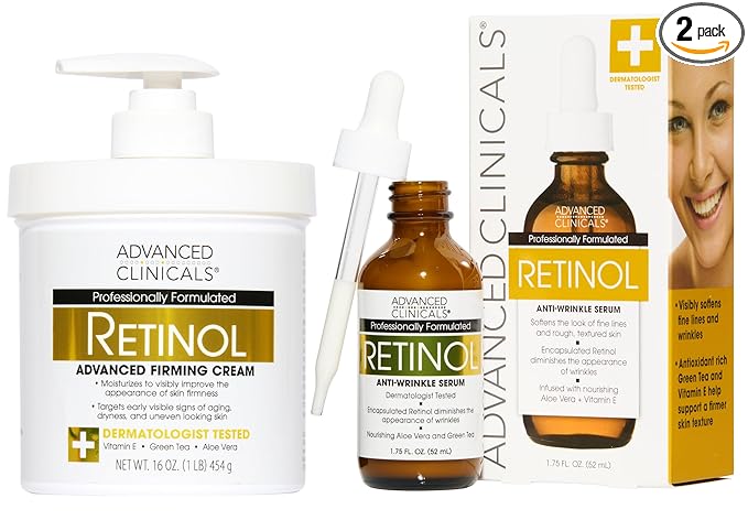 Advanced Clinicals Retinol Body Lotion + Retinol Serum 2PC Skincare Set For Women & Men Helps Diminish Appearance Of Crepey Skin | Face Serum & Body Cream Visibly Improves Look Of Wrinkles & Sagging