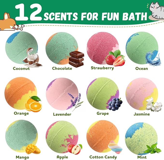 Bath Bombs for Kids with Surprise Toys Inside, 12 Pcs Kids Bath Bombs with Cat Dog Toys, Natural Safe Bathbombs for Moisturizing Sensitive Skin, Fun Bubble Bath Fizzies Gift for Boys Girls Toddlers