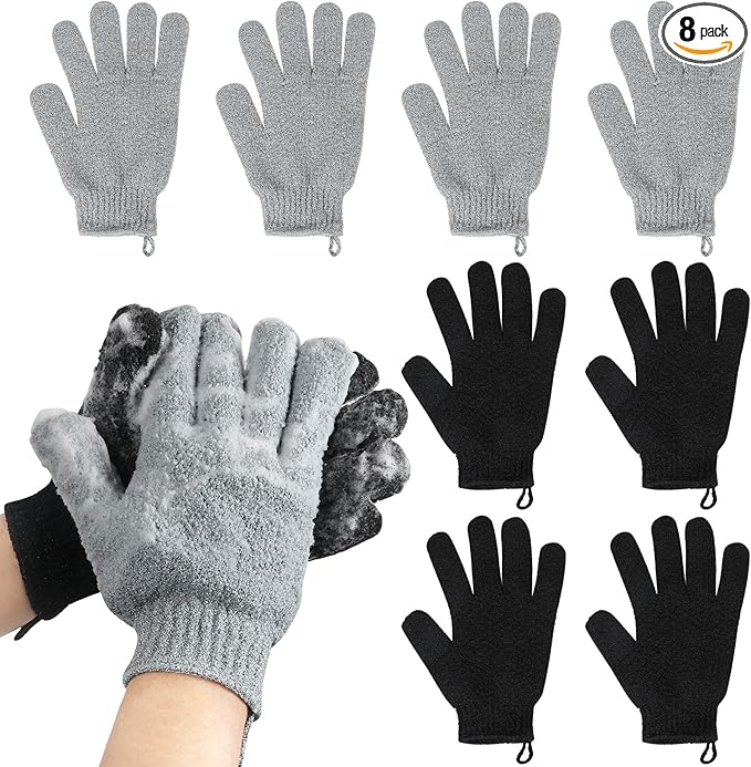 Exfoliating Gloves for Big Hands 8Pack- Lengthened and Large Double-Sided Shower Gloves(4Pairs/8Pcs) for Shower, Spa, Massage - Large Bath Gloves (4Pcs Black and 4Pcs Gray)