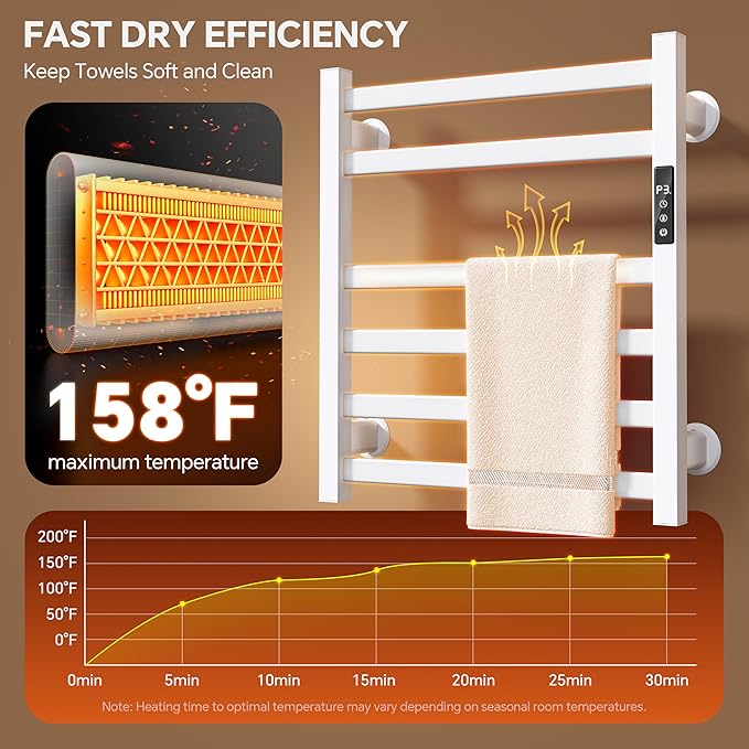 Electric Towel Warmer Wall Mounted, 6 Bar Heated Towel Rack with Intelligent Timer & Temp Control, Plug-in/Hardwire, Left and Right Compatible