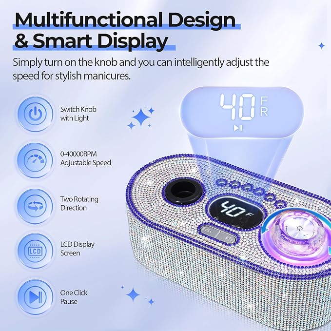 JOSGLOI Electric Nail Drill Professional: Shiny 40000RPM Electric Nail File Kit E File Nail Drill Machine with LCD Display for Acrylic Gel, Manicure Pedicure Polishing Grinder for Salon Home, Diamond