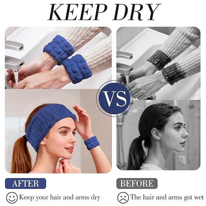 DiyJibb 9 Pcs Spa Headband for Washing Face,Skincare Headband and Wristband Set,Women Teen Girls Facial Hairbands for Washing Face, Makeup, Sports, Yoga (beige + dark pink + navy)