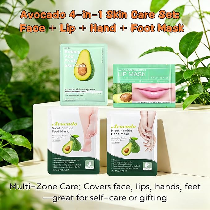 Hydrating Avocado Skincare Set 8 Pcs - Nicotinamide Face + Nourishing Lip + Moisturizing Hand & Foot | Botanical-Infused Restorative Care for Dry/Dehydrated Skin