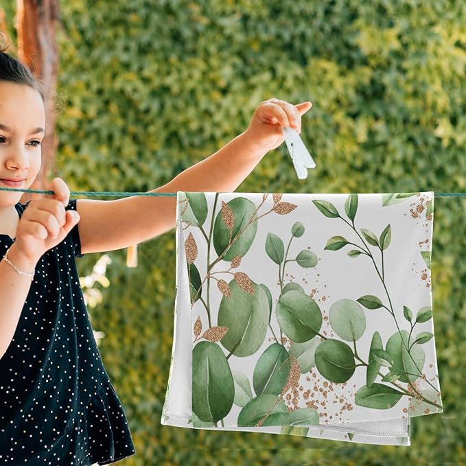 Green Gold White Leaves Hand Towels for Bathroom Set of 2,Eucalyputs Leaf Floral Branches Decorative Bathroom Towels for Bath,Face,Hair,Soft Absorbent Dish Towels for Kitchen Decor 28"x14"