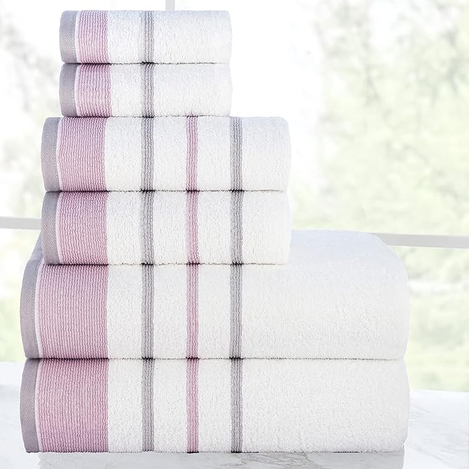 CASA COPENHAGEN White Bay 6Pcs 100% Egyptian Cotton Large Designer Towels Gift Set- White - Lavender, 600GSM, 2Bath 2Hand 2Washcloths, Bath Towels for Bathroom Set for Women & Men