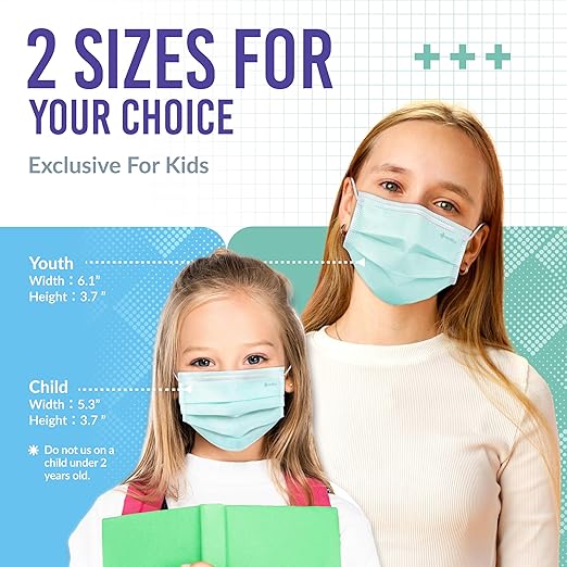 Medtecs Kids Face Mask Disposable - 2 Sizes Option (Child/Youth) 50 PCs - Comfy 3-Ply Breathable Children Masks, The Better Choice - Youth | Green