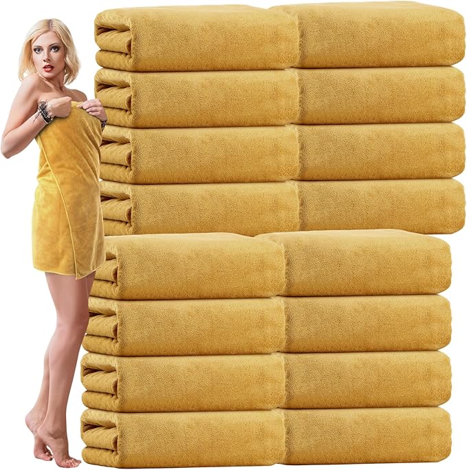 SmoothNovelty 16 Pack Microfiber Bath Towels Bulk 27'' x 60'' Oversized Beach Towel Highly Absorbent Extra Large Soft Drying for Shower Pool Salon Sauna Bathroom Gym Party (Simple,Camel)