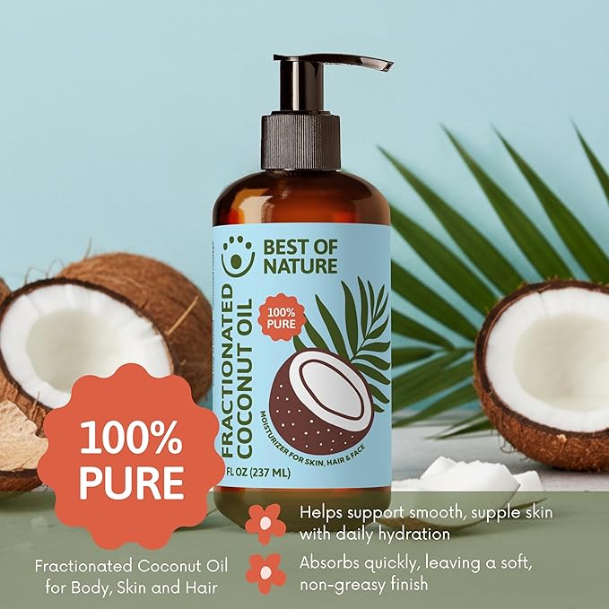 Best of Nature Fractionated Coconut Oil for Face, Hair & Massage – 100% Pure Liquid Coconut Oil for Skin, Unscented Carrier Oil for Essential Oils, Lightweight Body Oil, 8 fl oz Pump Bottle