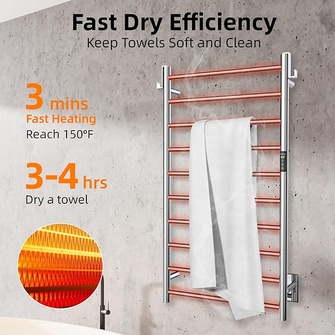 P&Dlusir Towel Warmer, Heated Towel Rack with Smart Timer and Thermo Control, Wall-Mounted Heated Towel Rail, Stainless Steel, Hard-Wired/Plug-in, Polished, 10 bar