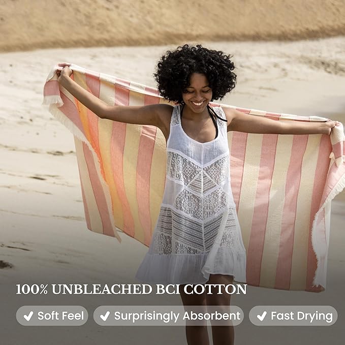 Lightweight Turkish Beach Towel - 100% BCI Cotton, Unbleached Raw Fringe, Oeko-TEX Certified, Absorbent, Eco-Friendly, 36x66”, Coral Pink & Natural Stripes, Portable Sarong Blanket for Pool, Travel