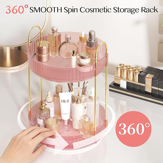 Rotating Makeup Organizer Countertop,Skincare Organizers,Spinning Perfume Tray Stand,Makeup Storage Organizer for Vanity,Bathroom Organizer and Storage,Lazy Susan,2 Tier,Pink