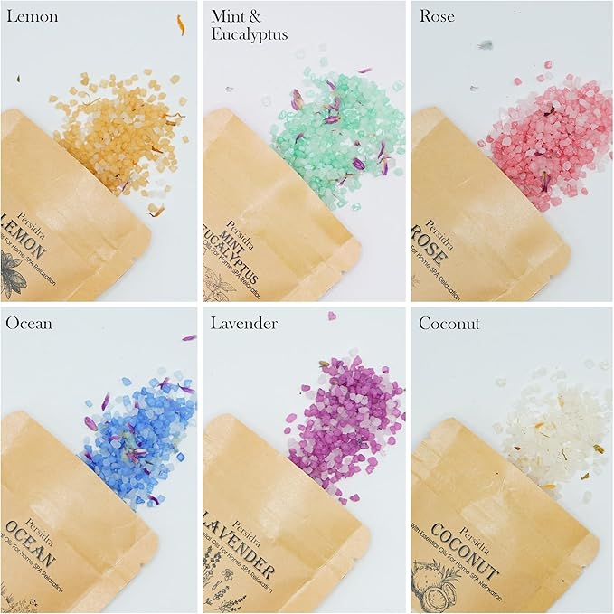 Bath Salts, Gift Set, Bath Salts for Women Relaxing, Mother's Day Birthday Gifts for Self Care, Individual Packets with Pure Natural Sea Salt, Minerals and Dried Flower, Spa Bath & Foot Soak, 6 Scents