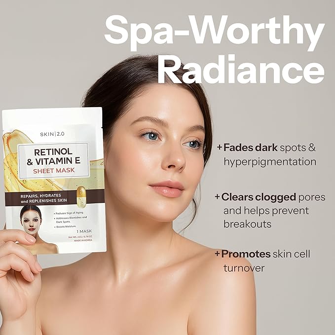 Skin 2.0 Retinol & Vitamin E Sheet Mask - Anti-Aging, Acne Scar & Hyperpigmentation - Hydrating, Dermatologist Tested Korean Skincare - Clean Beauty, Cruelty-Free, All Skin Types - 5 Masks