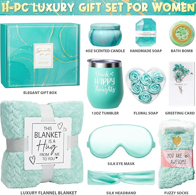 Mothers Day Birthday Gifts for Women Self Care Get Well Soon Gifts, Ocean Relaxing Spa Gift Basket Thinking of You Care Package with Flannel Blanket, Unique Gift for Her Mom Wife Grandma Friend Sister
